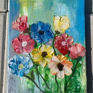 12x9in. Colorful expressionist flowers. Original